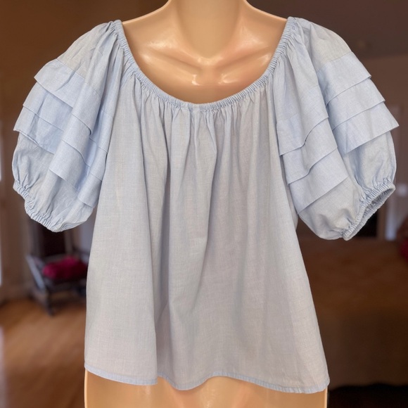 American Eagle Floral Embroidery Puff Sleeve Light Blue Babydoll Blouse, Size S - Picture 4 of 7